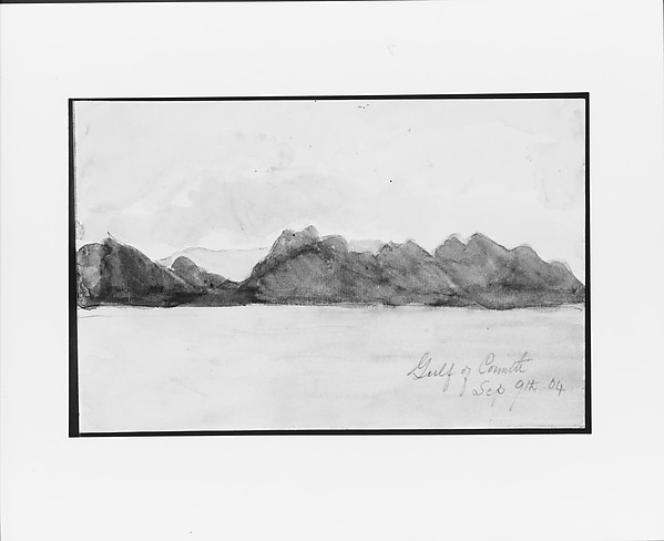 A drawing of the landscape around the Gulf of Corinth.
