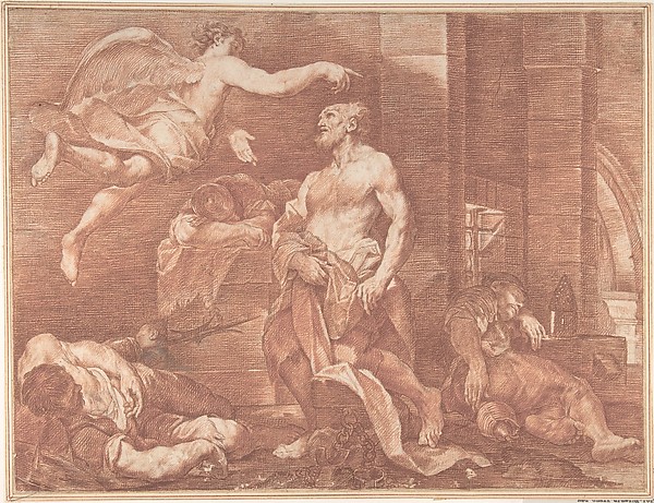 A seventeenth-century drawing of an angel releasing Peter from prison.